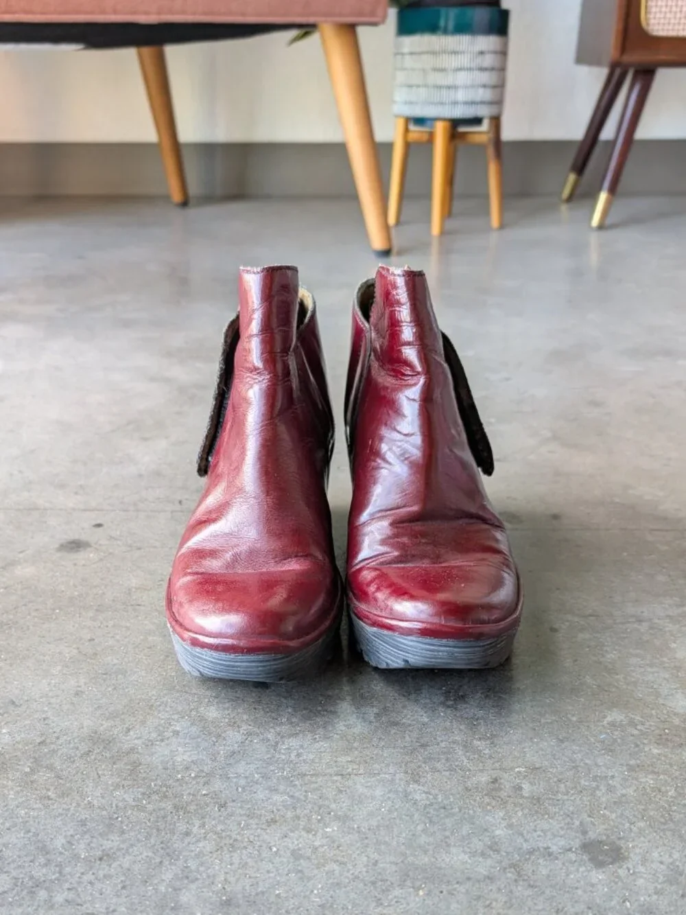 Fly London Yogi Leather Wedge Ankle Boots in Burgundy Red size 40